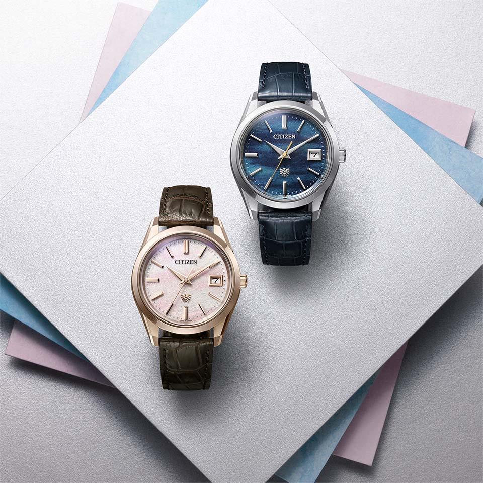CITIZEN ザ・シチズン 30周年記念モデル AQ4106-00A〈春〉とAQ4100-22L〈夏〉の腕時計。和紙文字盤を使った限定400本モデル。
